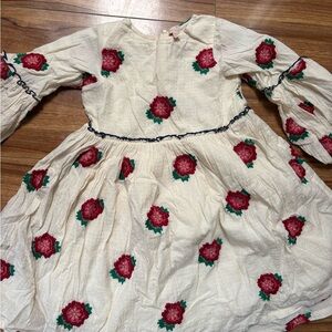 Pink Chicken Cream Dress with Red Floral Design
